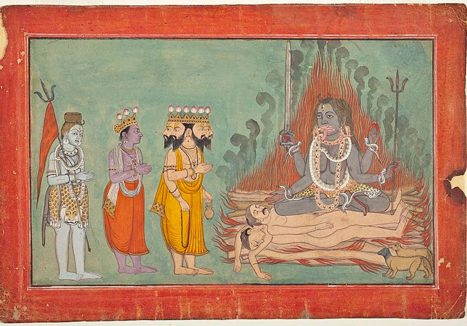 Shiva, Vishnu, and Brahma Adoring Kali, Basohli, 1740, Los Angeles County Museum of Art.